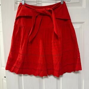 Maeve Anthropologie Women's Coral Red Cotton Embroidered Scalloped Skirt Size 4
